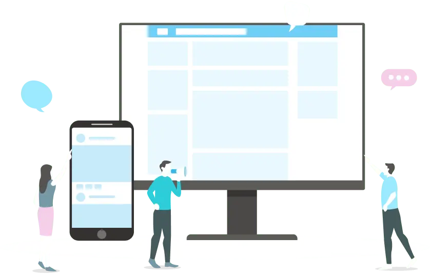 パソコンやスマホに向かって、コンテンツを考えているイメージ画像